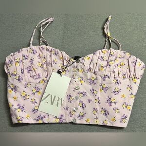Zara Floral Print Bralette Crop Top Bustier Pink NWT small spaghetti straps